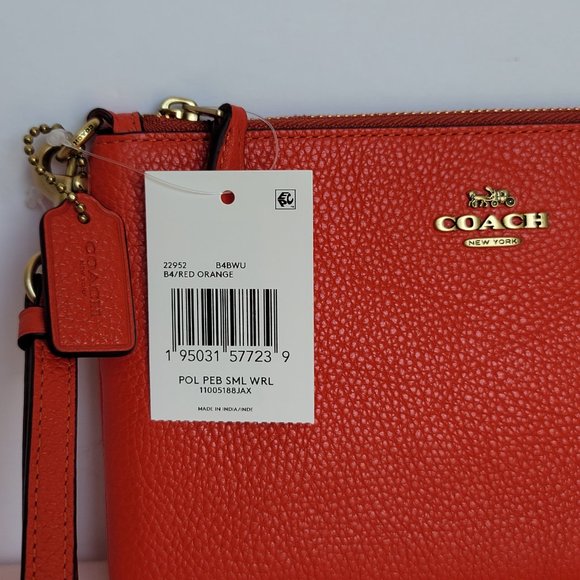 COACH Small Wristlet in Polished Pebbled Leather -Red Orange - Picture 15 of 16
